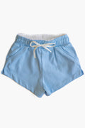 Cadets light blue kids shorts featuring a drawstring waist, elastic waistband, side pockets, and a slightly curved hem.