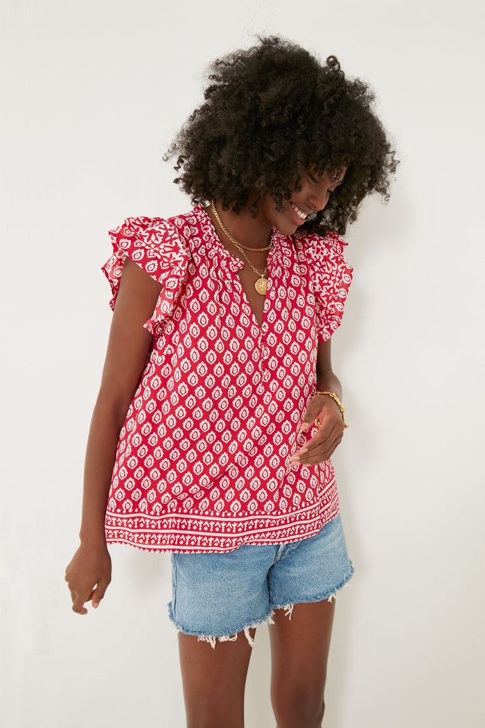 Lighthouse Red Tile Ruffle Top