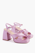Matisse chunky-heeled, open-toe sandals in light purple vegan leather feature crisscross straps, ankle buckles, and stylish platform heels for a chic look.