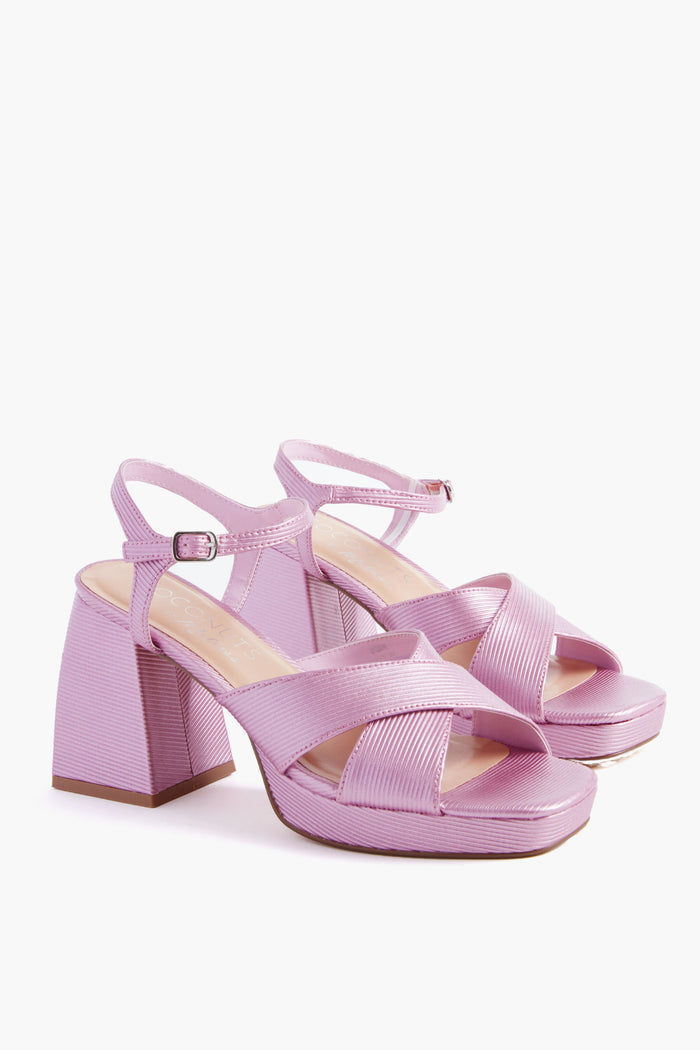 Matisse chunky-heeled, open-toe sandals in light purple vegan leather feature crisscross straps, ankle buckles, and stylish platform heels for a chic look.