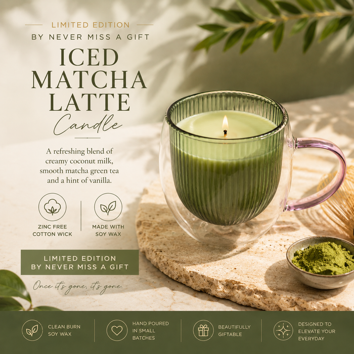 Soy wax candle in a green glass mug with matcha latte description and branding text.