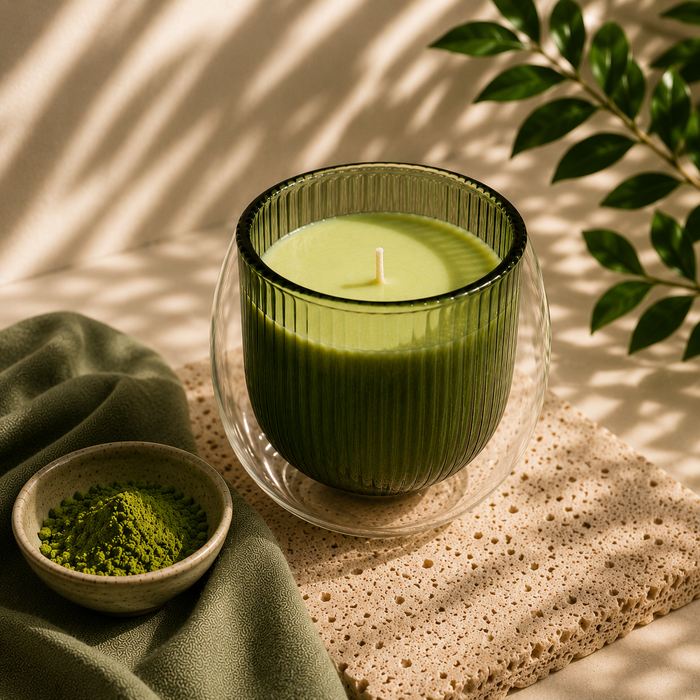 Green candle cup in a glass holder with a small bowl of green powder on a textured surface.