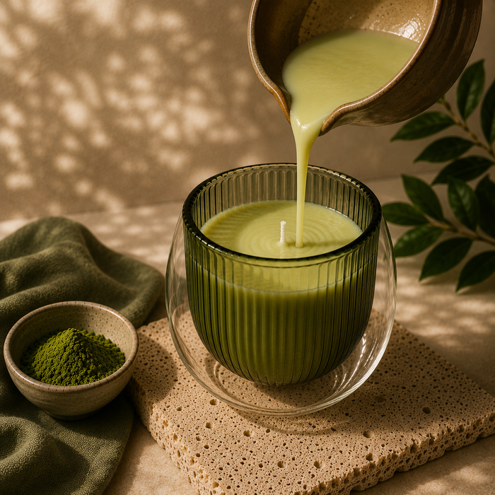 Matcha green candle cup wax being poured into a glass with a bowl of matcha powder and a green cloth in the background.