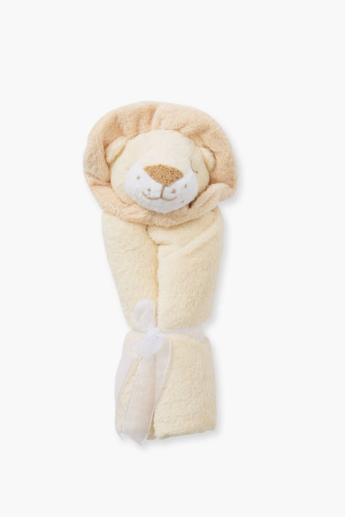 The Angel Dear rolled-up beige lion blankie features a plush lion's head at the top and is tied with a sheer white ribbon—a cozy cuddle buddy for your baby.