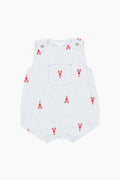 The Pink Chicken infant cotton poplin romper features a blue checkered pattern, red lobster prints, a front chest pocket, and shoulder button closures—ideal for beachside family photos.