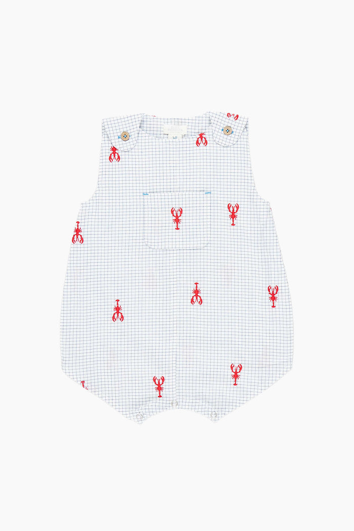 The Pink Chicken infant cotton poplin romper features a blue checkered pattern, red lobster prints, a front chest pocket, and shoulder button closures—ideal for beachside family photos.