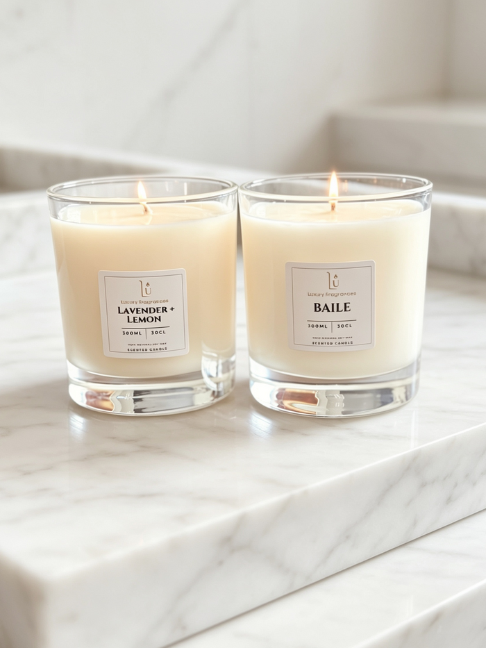 Two lit scented candles in clear glass jars with cream labels, placed on a white marble surface. The left label reads LAVENDER + LEMON, and the right label reads BAILE.