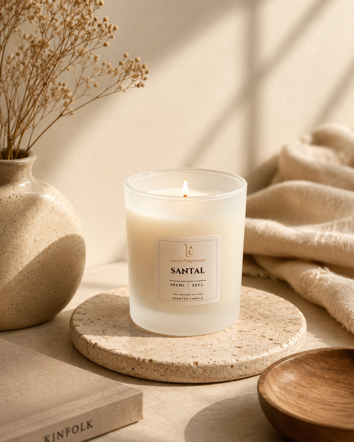 A frosted glass jar candle labeled 'SANTAL', lit and placed on a round stone coaster. The scene is styled with a ceramic vase of dried flowers, beige linen fabric, and a wooden bowl in warm natural light.