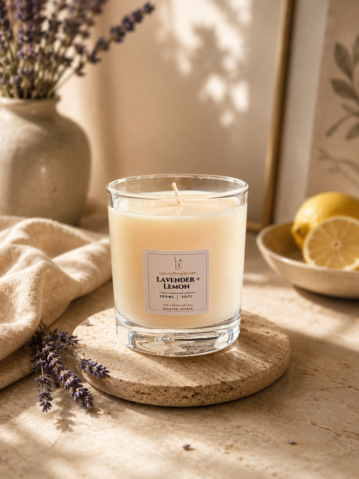 A clear glass jar candle labeled 'LAVENDER + LEMON', placed on a round stone coaster. The scene is styled with a ceramic vase of dried lavender flowers, beige linen fabric, and a wooden bowl with lemons in warm natural light.