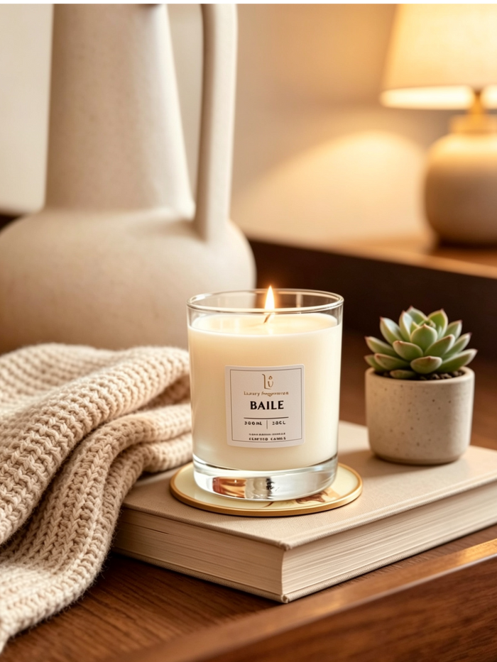 A lit scented candle in a clear glass jar sits on a wooden tray on top of a book, styled with a cream knit throw, a small potted succulent, and a softly blurred lamp in the background. The candle label reads BAILE.