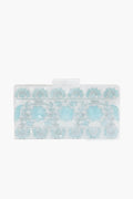 ASHA Rectangular Mallorca Clutch with a semi-transparent light blue stenciled motif and an elegant top clasp closure.
