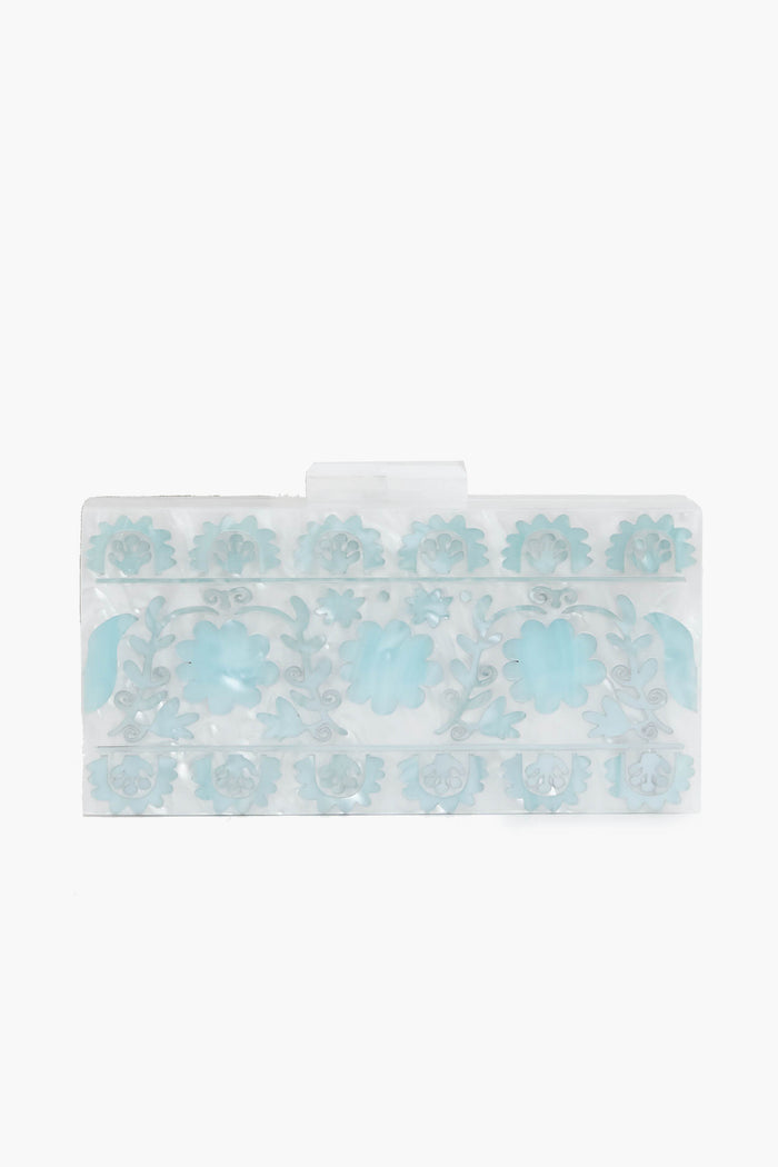 ASHA Rectangular Mallorca Clutch with a semi-transparent light blue stenciled motif and an elegant top clasp closure.