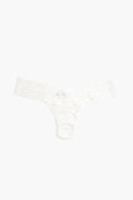 A white Hanky Panky low-rise thong crafted from stretch lace is shown laid flat.