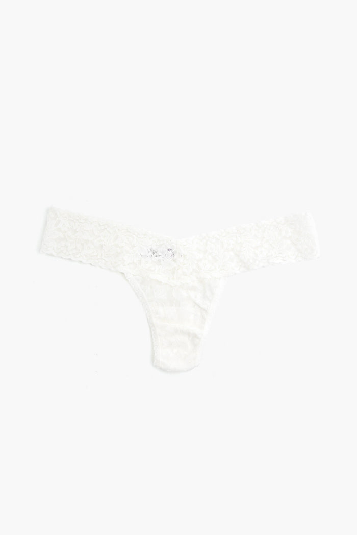 Marshmallow Signature Lace Low Rise Thong, a classic, high-end piece with scalloped waistband and floral-patterned lace, offering an effortless, fun fit.