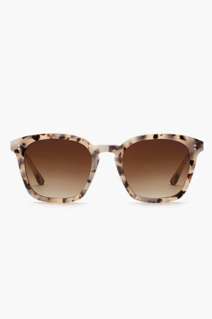 Front view of KREWE du optic Prytania Sunglasses with square tortoiseshell handcrafted frames and brown gradient lenses.