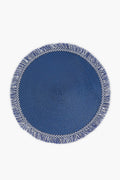 Caton's Wharf Midnight Blue Round Fringed Placemat features a fringe border and white decorative stitching—perfect for adding stylish flair to your monogram home table setting.