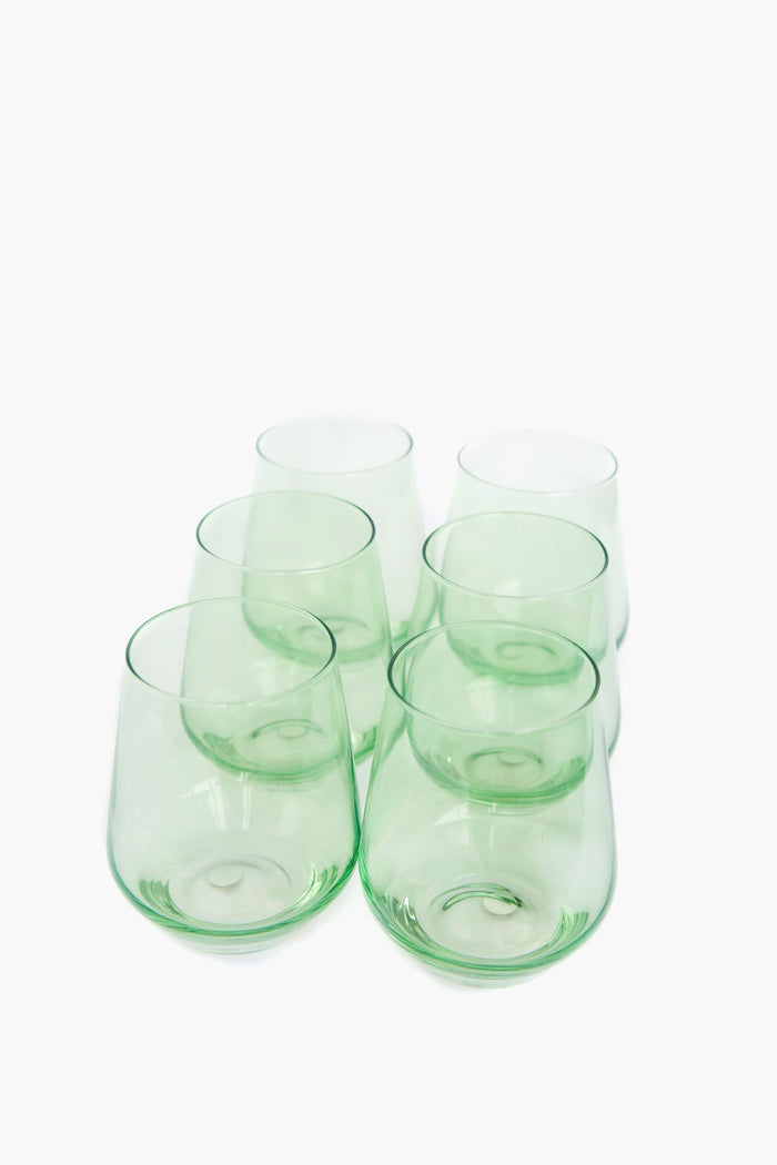 Mint Stemless Wine Glasses Set of 6, showcasing classic, hand-blown craftsmanship with an effortless, fun design, embodying high-end elegance for any celebration.