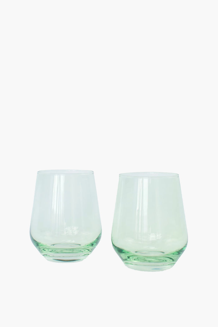 Mint Stemless Wine Glasses Set of 6, featuring classic, hand-blown, light-green tinted design for an effortless, high-end touch to any fun gathering. Perfect for elegant entertaining.
