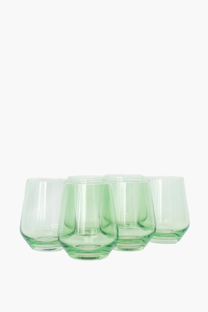 Mint Stemless Wine Glasses Set of 6; classic, pale green, hand-blown tumblers, effortlessly chic and high-end, perfect for adding fun elegance to any celebration.