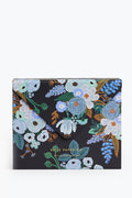 Rifle Paper Co.’s black envelope-style folder features a vibrant floral pattern in blue, white, and green with gold foil branding on the front—perfect for storing your boxed or greeting card sets.