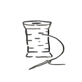 Supplies: Minimalist black and white drawing of a spool of thread with an attached sewing needle, ideal for sewing enthusiasts.