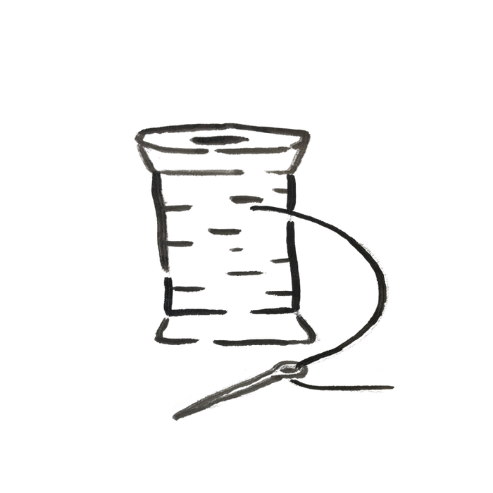 Supplies: Minimalist black and white drawing of a spool of thread with an attached sewing needle, ideal for sewing enthusiasts.