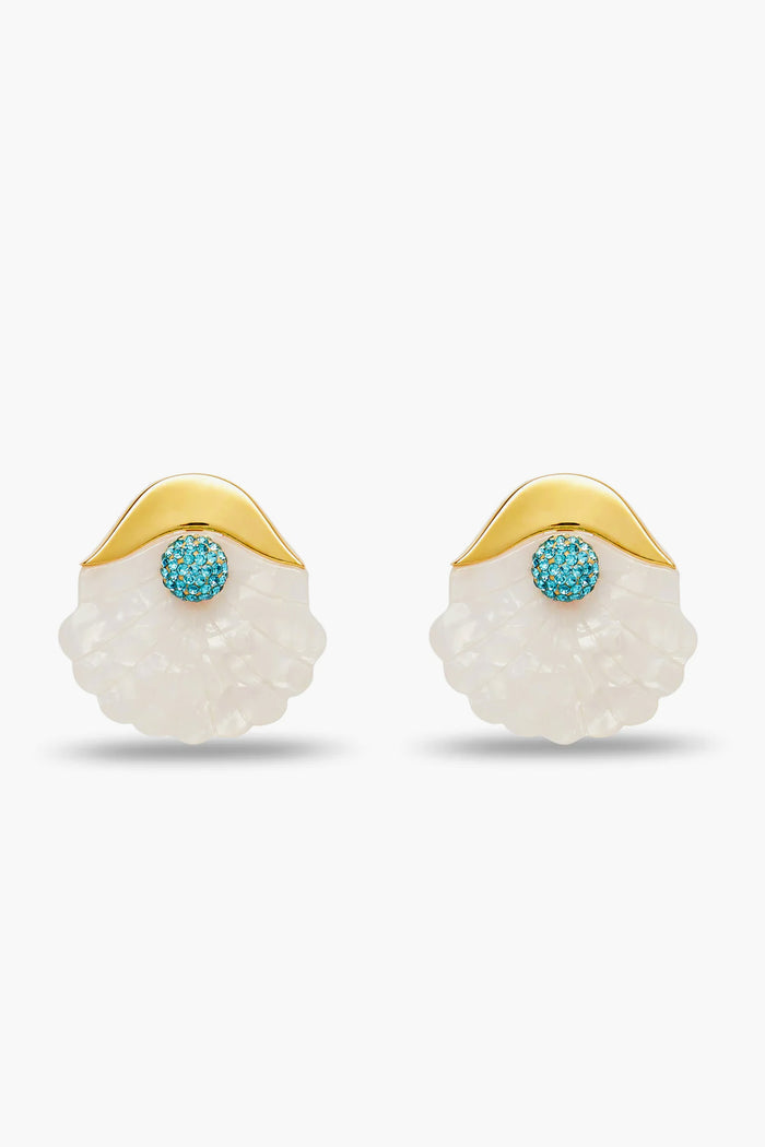 A pair of Lele Sadoughi shell stud earrings in gold and white, featuring turquoise gemstone accents at the center top.
