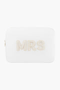 A white rectangular Stoney Clover Lane travel pouch with "MRS" in pearl-accented raised letters on the front—an elegant bridal gift or wedding organizer.