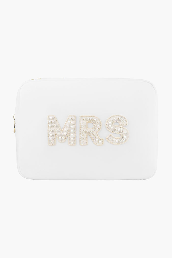 A white rectangular Stoney Clover Lane travel pouch with "MRS" in pearl-accented raised letters on the front—an elegant bridal gift or wedding organizer.