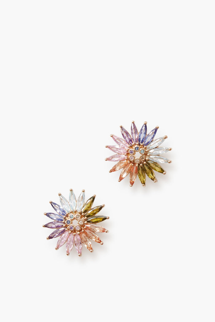 These handmade Mignonne Gavigan earrings feature flower-shaped crystal studs with multicolored marquise-cut stone petals and small round center stones for a vibrant, elegant look.