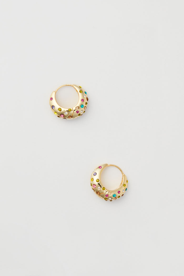 Mignonne Gavigan small gold earrings adorned with multicolor crystals and vibrant gemstone accents for a playful touch.