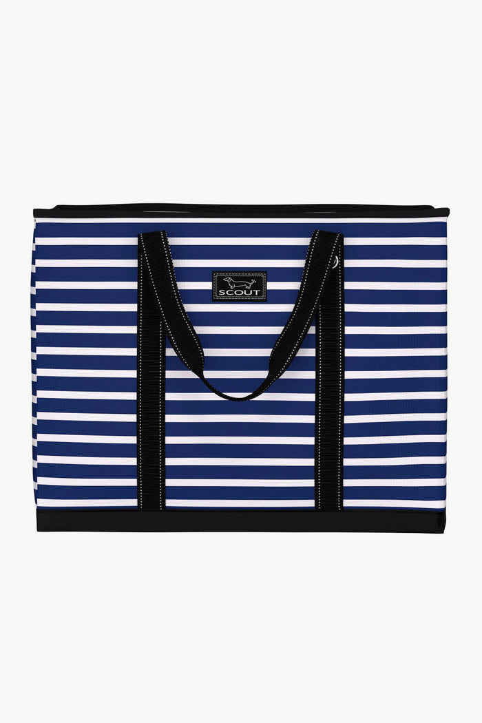 A blue and white striped lightweight tote with black handles and trim, featuring a rectangular SCOUT brand label on the front.