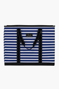 A blue and white striped lightweight tote with black handles and trim, featuring a rectangular SCOUT brand label on the front.