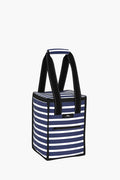 The SCOUT rectangular insulated cooler bag features navy blue and white stripes, black handles, a front zipper pocket, and durable water-resistant fabric for convenience and style.
