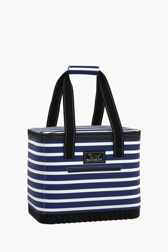 The SCOUT insulated tote bag features navy blue and white horizontal stripes, black handles, and a front brand label—making it a stylish large soft cooler for any outing.