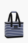 The SCOUT insulated tote bag features navy blue and white horizontal stripes, black handles, and a front brand label—making it a stylish large soft cooler for any outing.