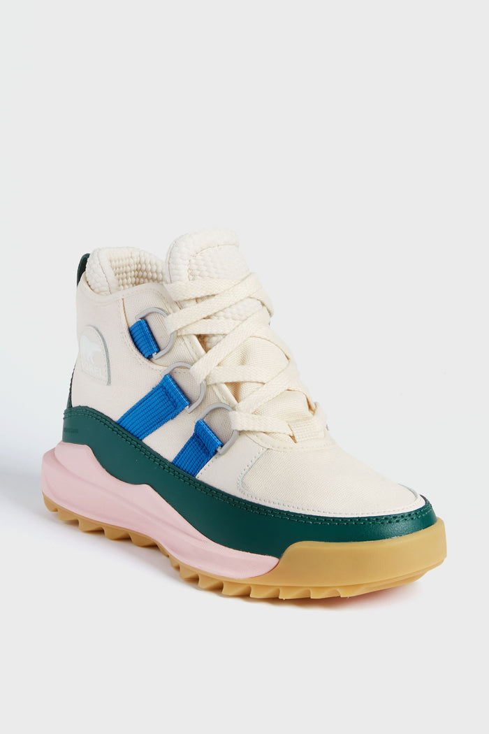 The Sorel Ona Chukka is a high-top sneaker with a cream upper, green and pink accents, blue side stripes, and a tan sole—perfect for those seeking stylish insulated winter footwear.