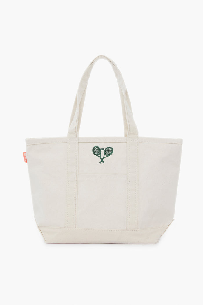 The Tnuck Sport tote is a plain off-white canvas tennis racket bag with two handles and an embroidered green tennis rackets logo on the front.