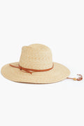 The Wyeth wide-brim wheat straw hat features a brown leather band and adjustable chin strap—perfect for sunny days.
