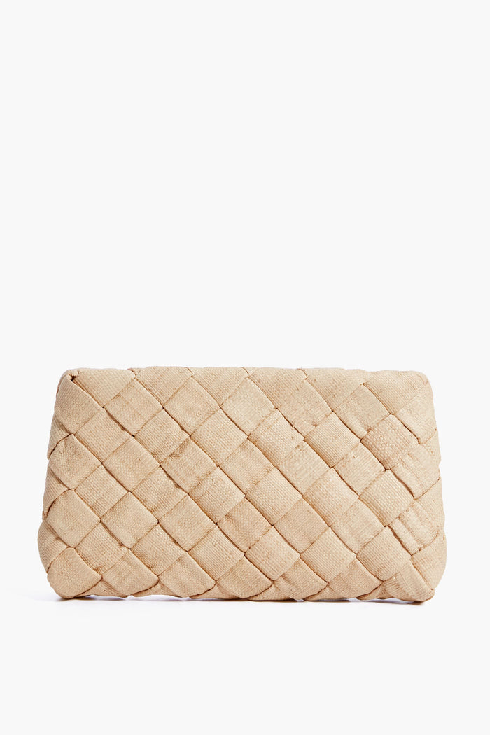 The Loeffler Randall Natural Aviva Puff Clutch is a rectangular beige raffia clutch featuring a woven, basket-like texture for effortless style.