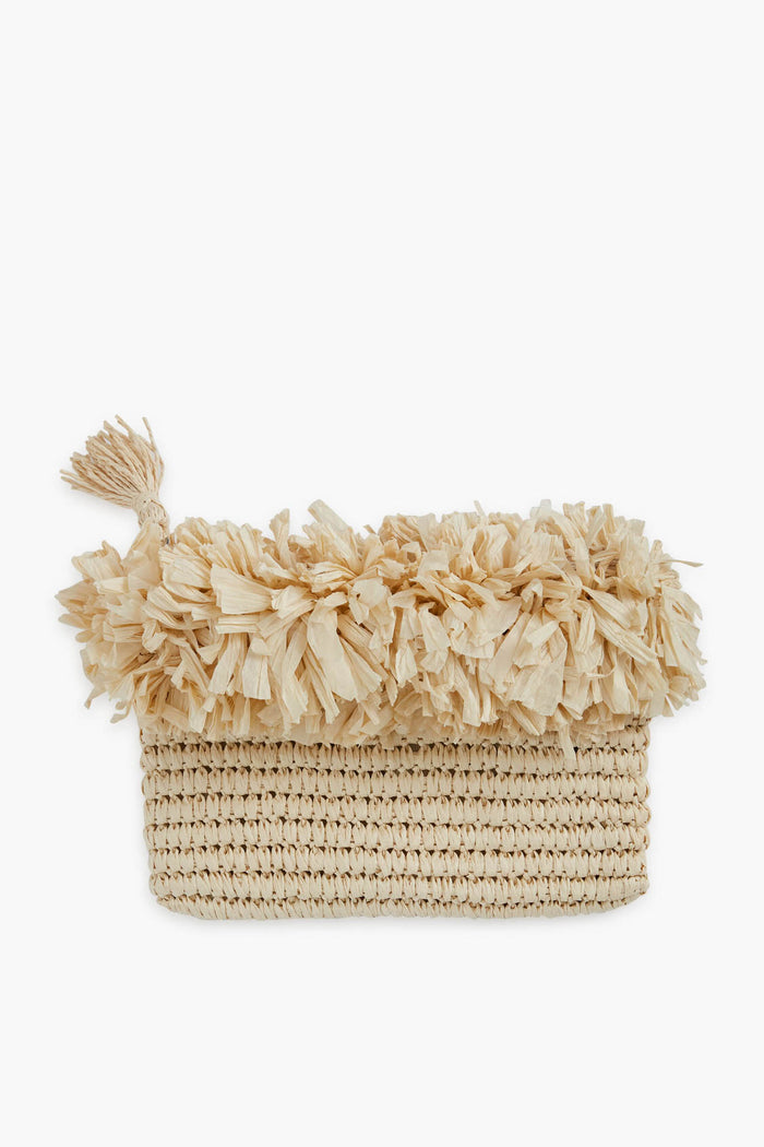 BTB's rectangular woven clutch is crafted from straw and features a fringed top edge plus a tassel detail at one corner, giving this chic raffia purse a stylish boho touch.