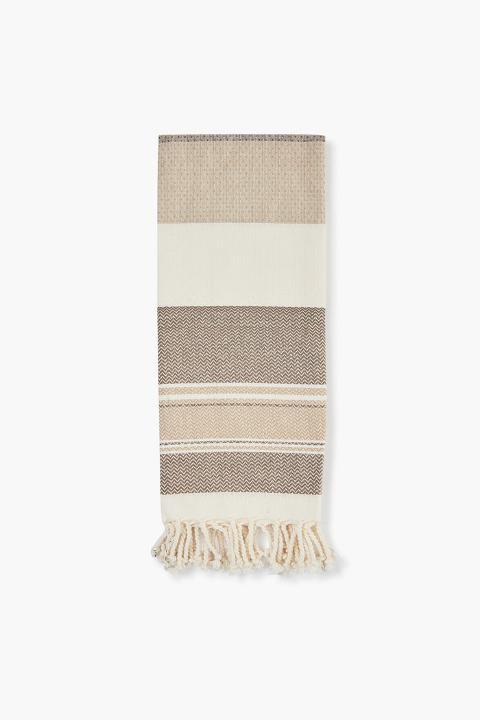 Caton's Wharf beige and brown striped woven towel with fringe and natural texture—ideal as a kitchen towel or thoughtful hostess gift.