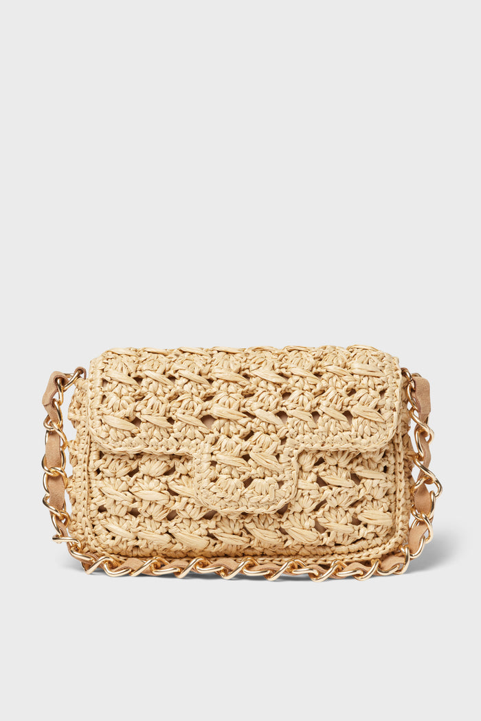 The Caterina Bertini small beige woven shoulder bag features a flap closure and gold chain strap, offering effortless everyday style.