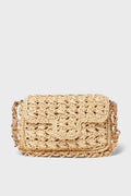The Caterina Bertini small beige woven shoulder bag features a flap closure and gold chain strap, offering effortless everyday style.
