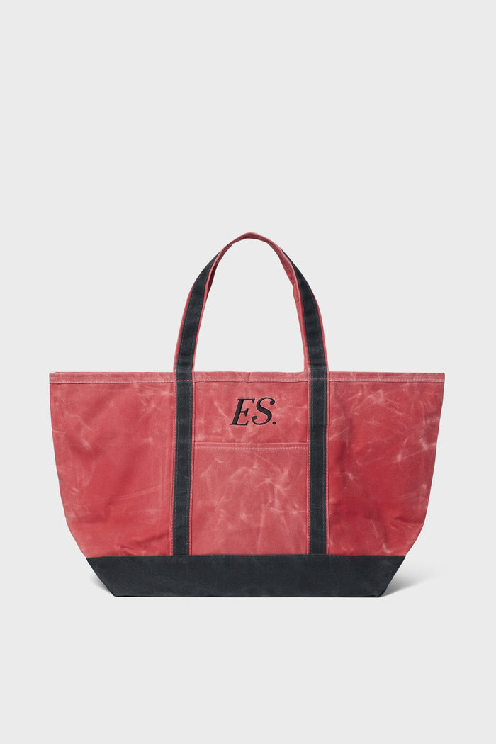 The CB Station Nautical Red Waxed Canvas Tote features black handles and base, with the initials ES. printed on the front—a chic personalized bag ideal for the beach.
