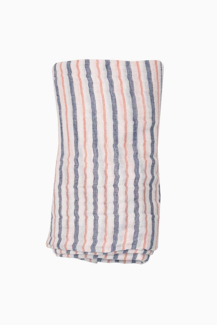 Angel Dear organic cotton swaddle in white with vertical blue and red stripes, ideal as a baby blanket.