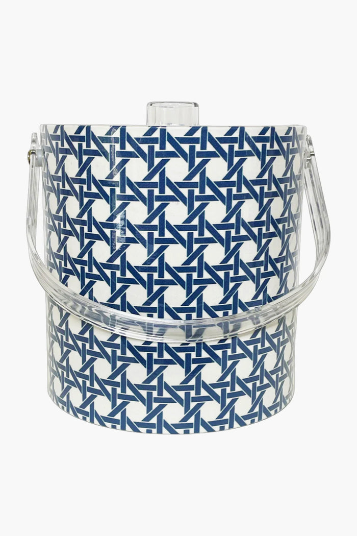The Holly Stuart Home Navy Cane Ice Bucket features a cylindrical design with a clear handle and lid, blue geometric pattern on white, and works perfectly as a stylish wine chiller for any occasion.
