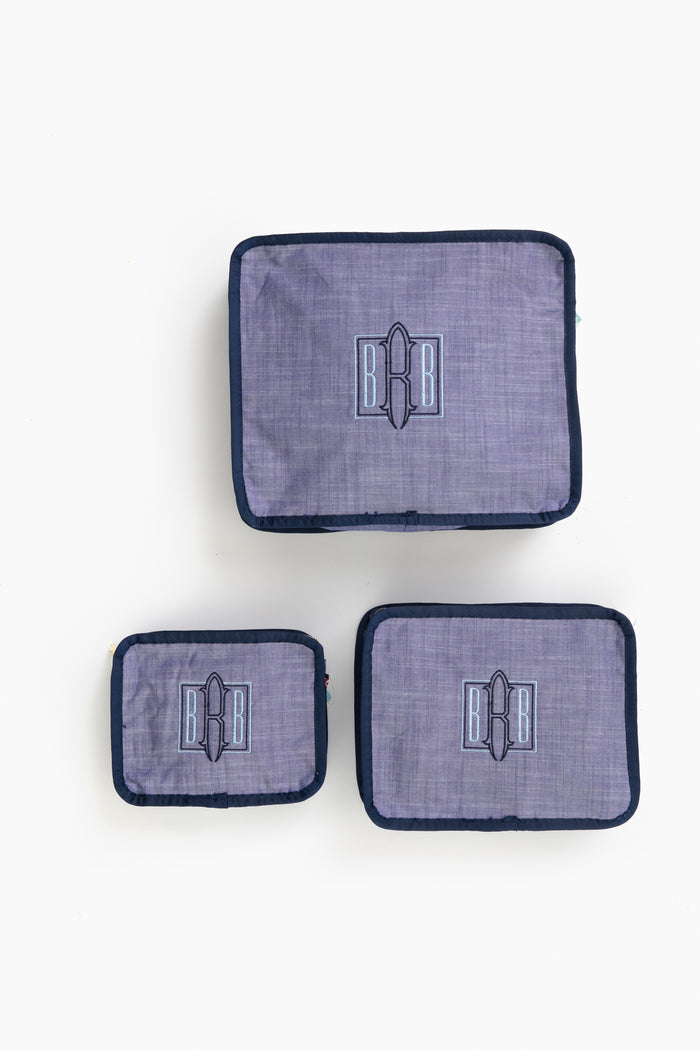This Caton's Wharf Seersucker Travel Set includes three purple packing cubes with blue trim and a BB logo—an ideal bridesmaids gift.