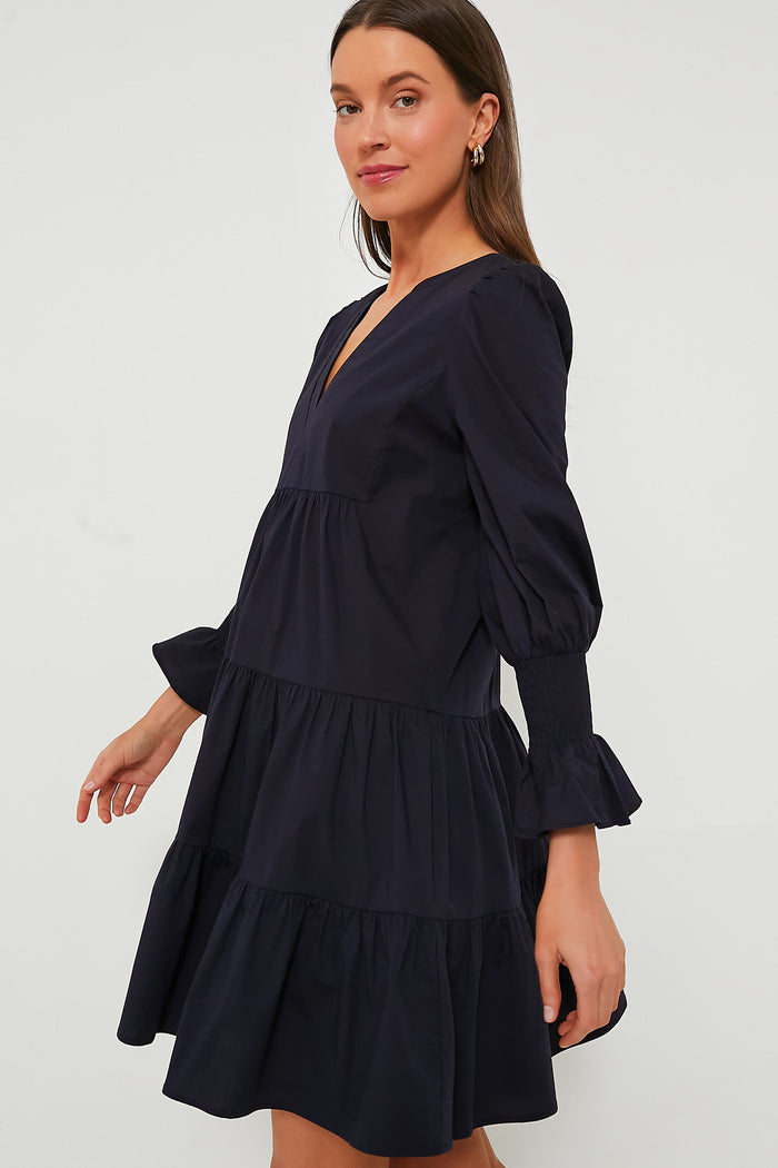 Navy Cotton Poplin Kenzo Dress with classic V-neckline, effortless long puffed sleeves, and fun tiered silhouette. Perfect for a high-end, versatile look.