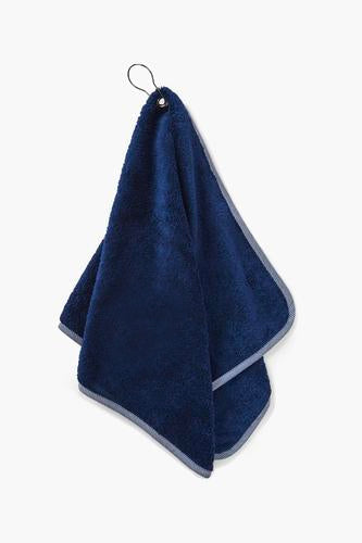 The Weezie navy golf towel, featuring gray trim and a black loop, is crafted from organic cotton for a luxurious touch.